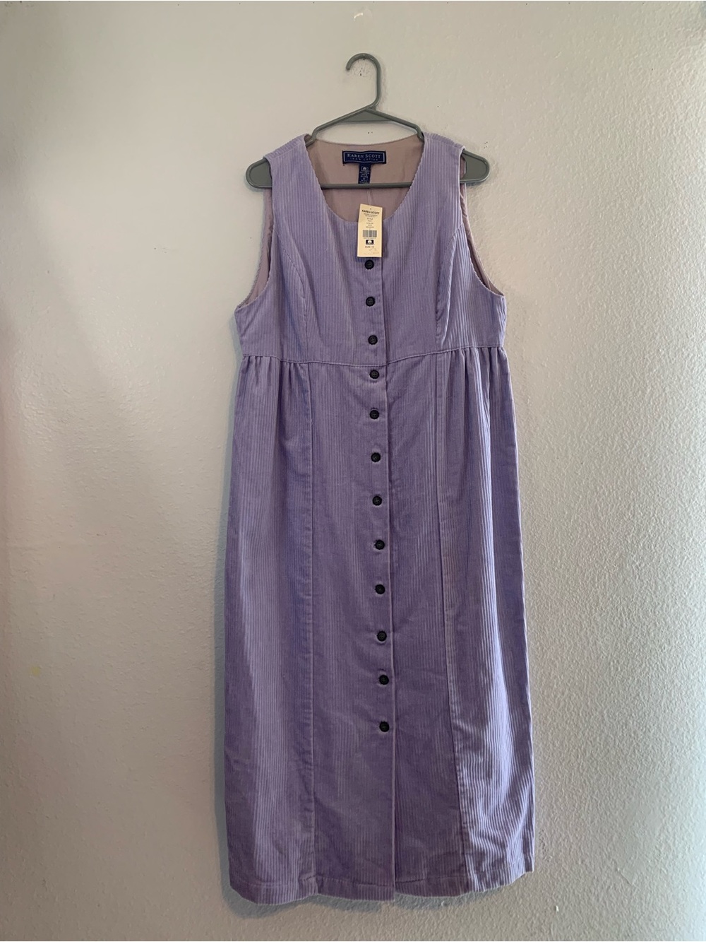 NWT Vintage Karen Scott Lavender Corduroy Button-Front Sleeveless Midi Dress.